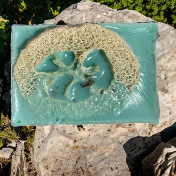 Hand Crafted Loofah Shea Butter Soap - JuJuBee Vanilla Scent (Teal Rectangle) - Picture 3 of 7